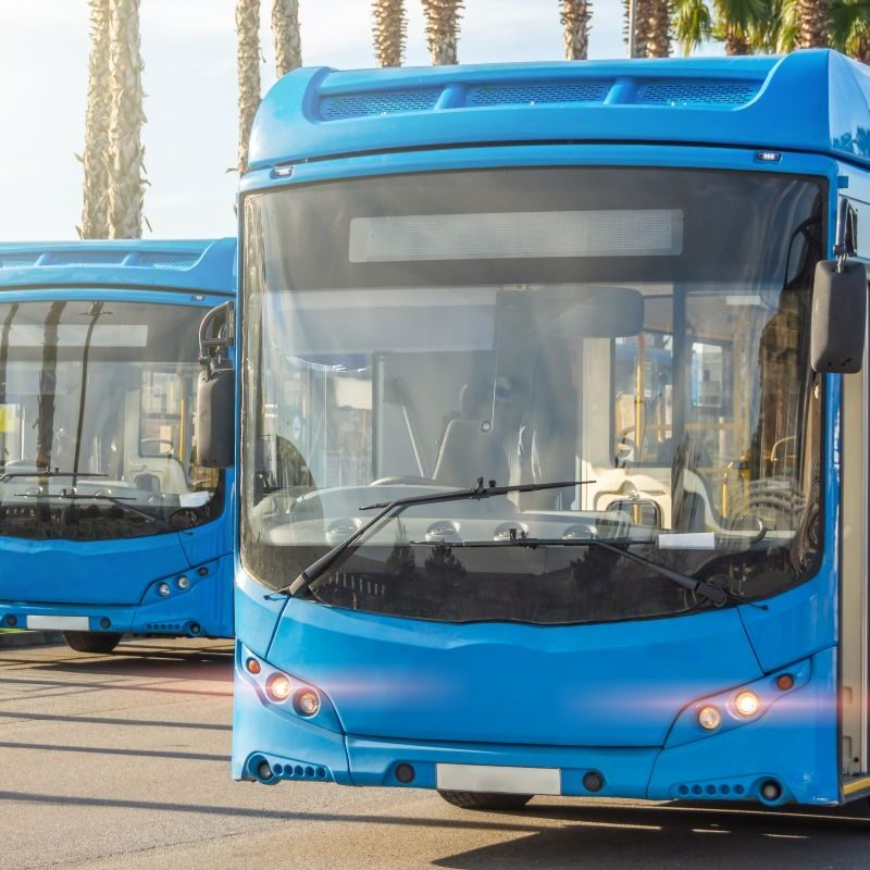 Safety glazing film on two blue city passenger buses at the bus terminus.