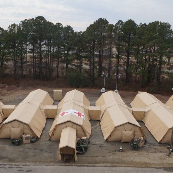 Custom tan medical shelters made of CBRN materials